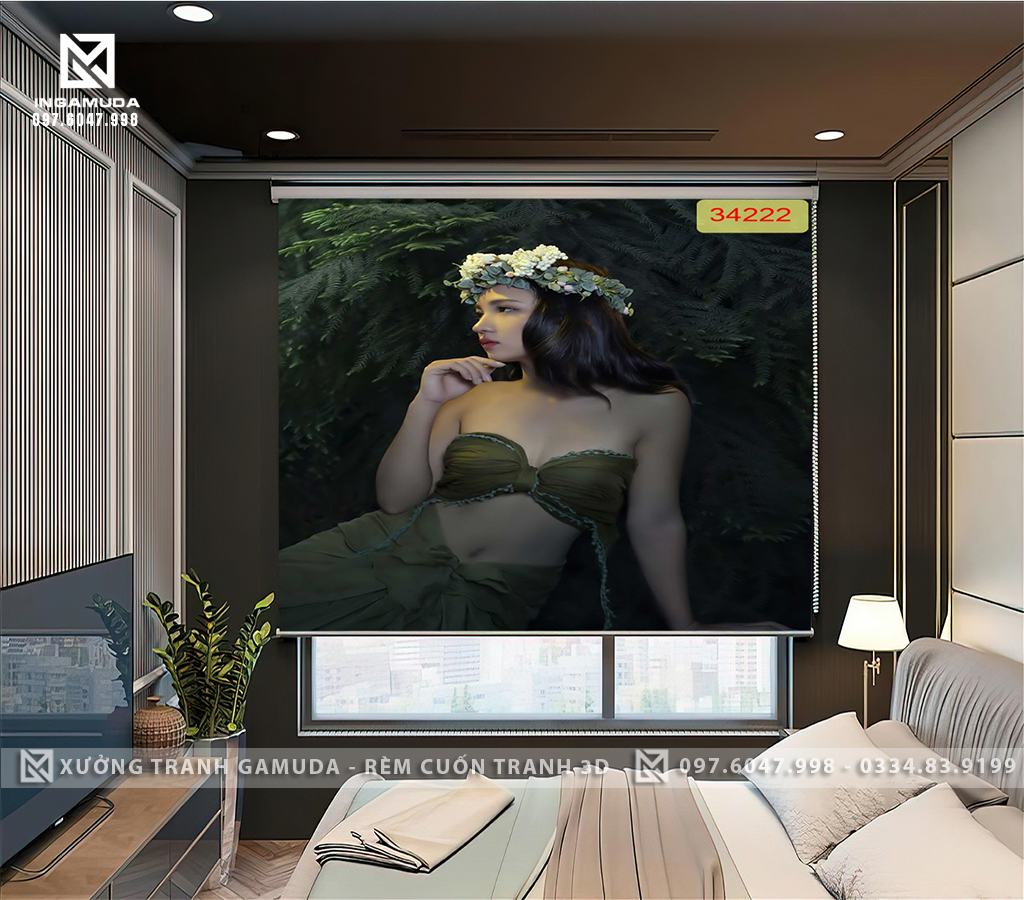 Rèm cuốn tranh thiếu nữ ngây thơ quyến rũ tranh rèm cuốn cho nhà nghỉ khách sạn