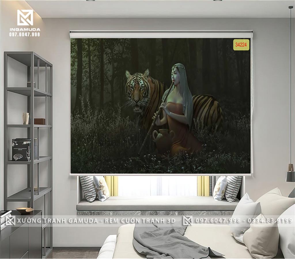 Rèm cuốn tranh 3D cô gái xinh đẹp bên mãnh hổ nghệ thuật tranh bán khỏa thân rèm cuốn tranh cho nhà nghỉ khách sạn