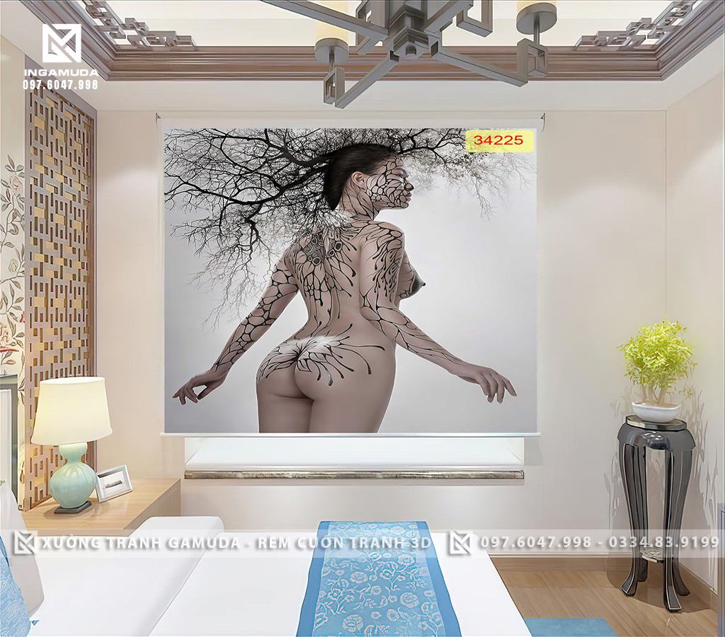 Rèm cuốn in nghệ thuật tranh 3D cô gái gợi cảm body art rèm cuốn tranh cho nhà nghỉ