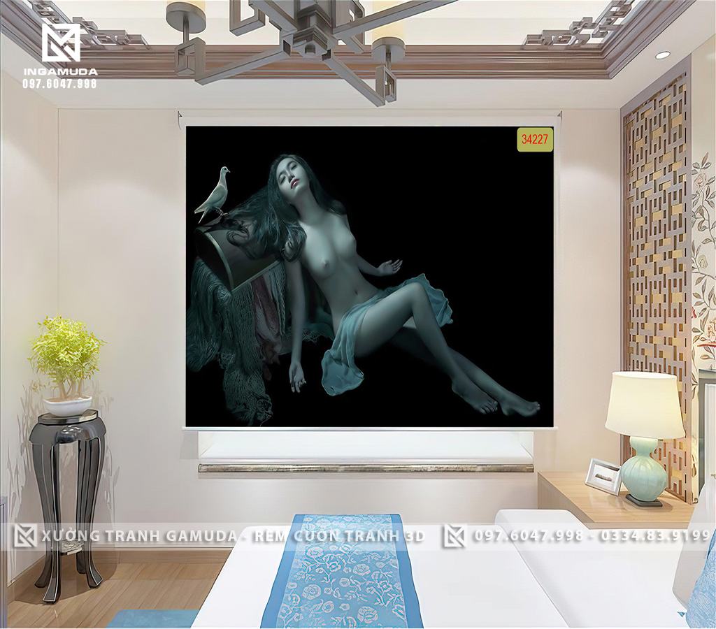 Rèm cuốn tranh 3D cô gái gọi cảm với những đường cong quyến rũ in tranh 3D rèm cuốn cho nhà nghỉ khách sạn