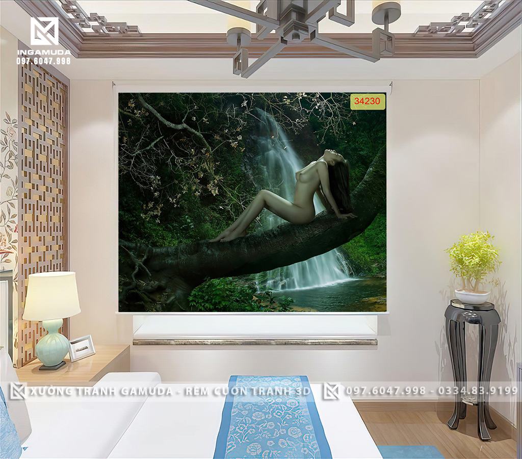 Rèm tranh 3D in hình cô gái gợi cảm nude bên bờ thác nước nghệ thuật rèm cuốn cho nhà nghỉ