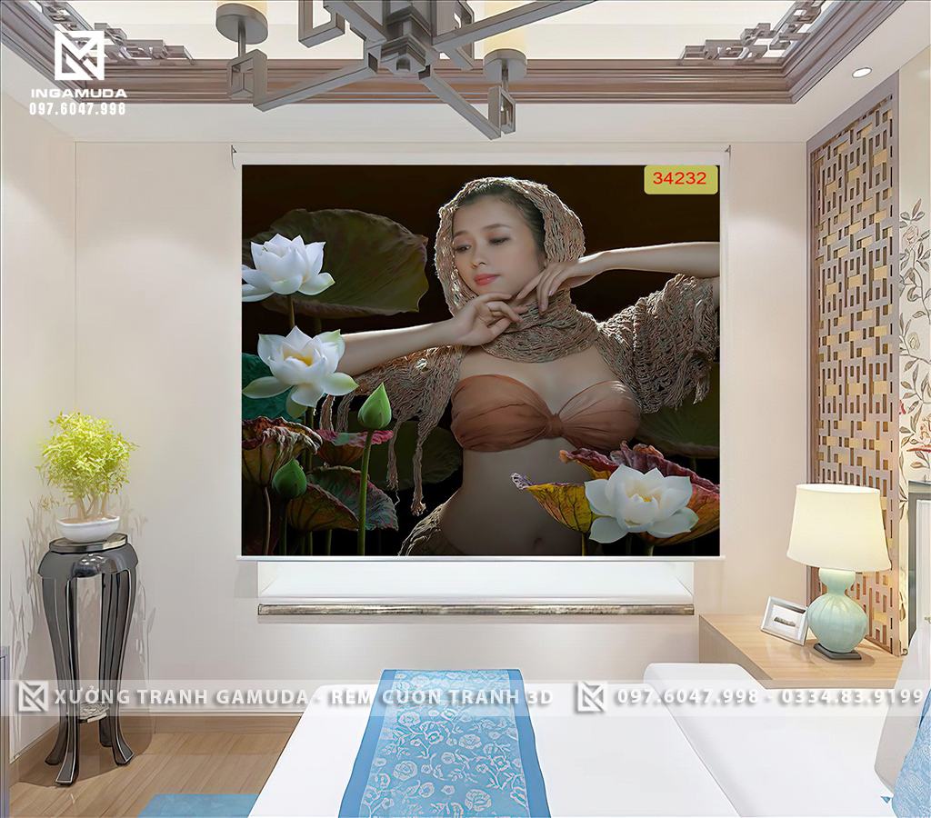 Rèm cuốn tranh 3D cho nhà nghỉ in hình cô gái gợi cảm