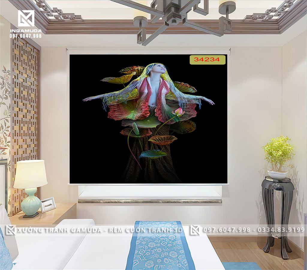 Rèm Tranh 3D Gợi Cảm Cô Gái Hoa Sen Nude Art Nghệ Thuật Tranh Rèm Cuốn Cho Nhà Nghỉ