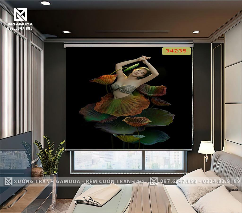 Rèm cuốn in tranh nghệ thuật cô gái nude art hoa sen tranh rèm cuốn cho nhà nghỉ khách sạn