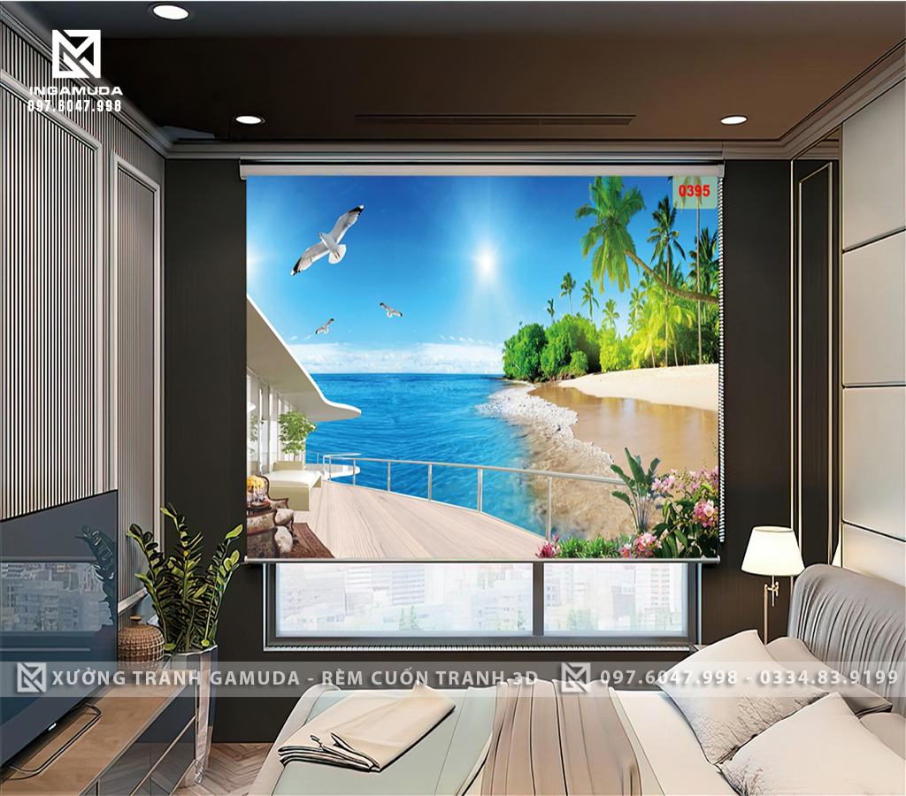 Rèm Cuốn Tranh 3D In Hình Ban Công Thuyền Và HẢI Âu Trên Nền Biển Xanh