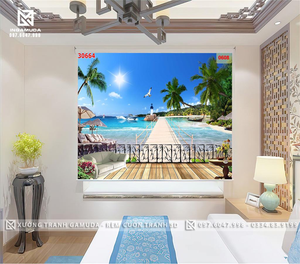 Rèm Cuốn In Tranh 3D Mặt Trời Và Cây Dừa Hải Âu Trên Nền Biển