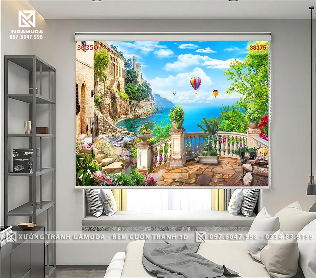 Rèm Cuốn Tranh 3D In Hình Cây XANH Và Khinh Khí Cầu Trên Bầu Trời Xanh