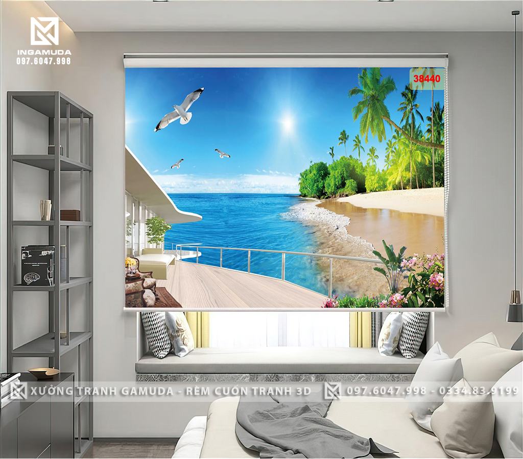 Rèm Cuốn Tranh 3D In Hình Bãi Biển Xanh Cát Trắng - Xưởng In GAMUDA