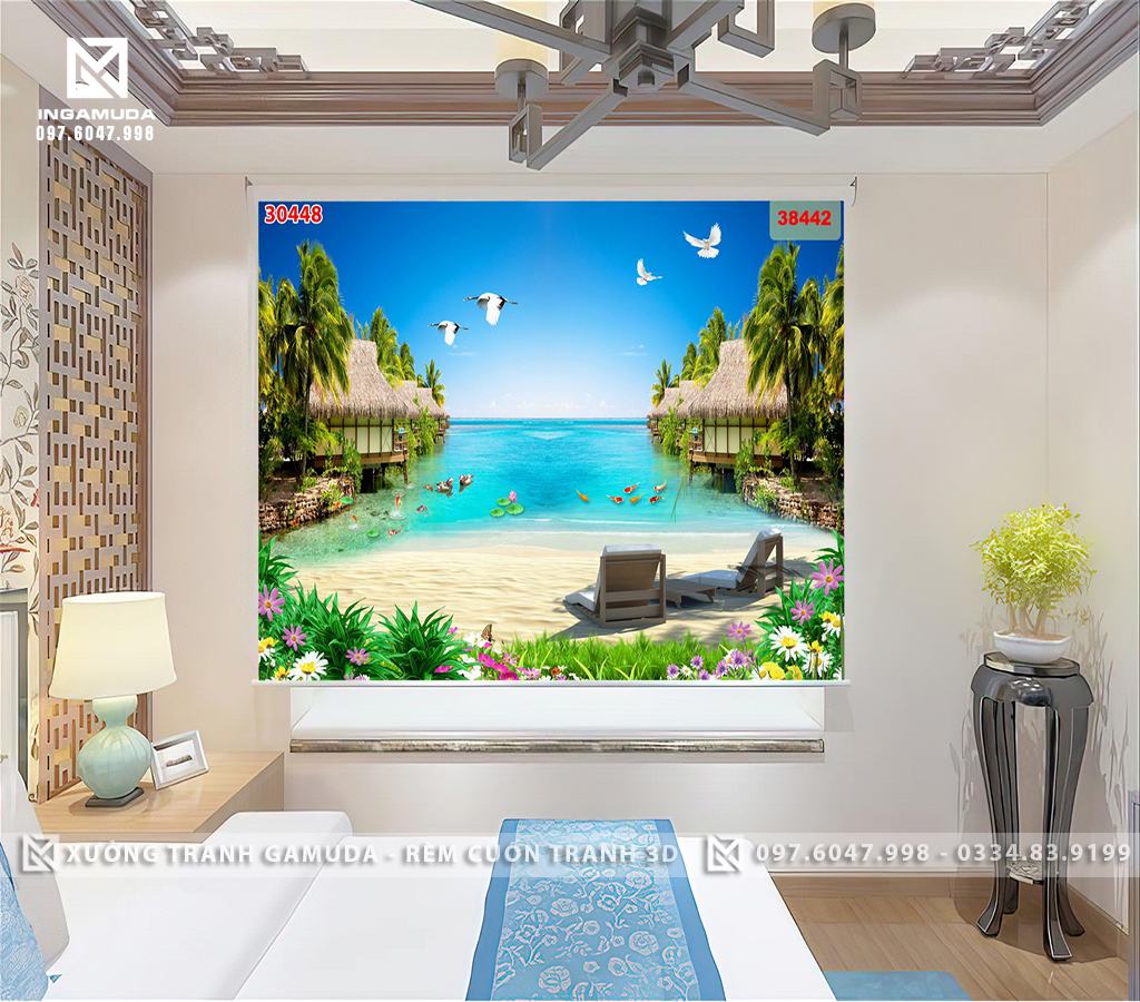 Rèm Cuốn Tranh 3D In Hình Hải Âu Hoa Và Biển Rực Rỡ Sắc Màu