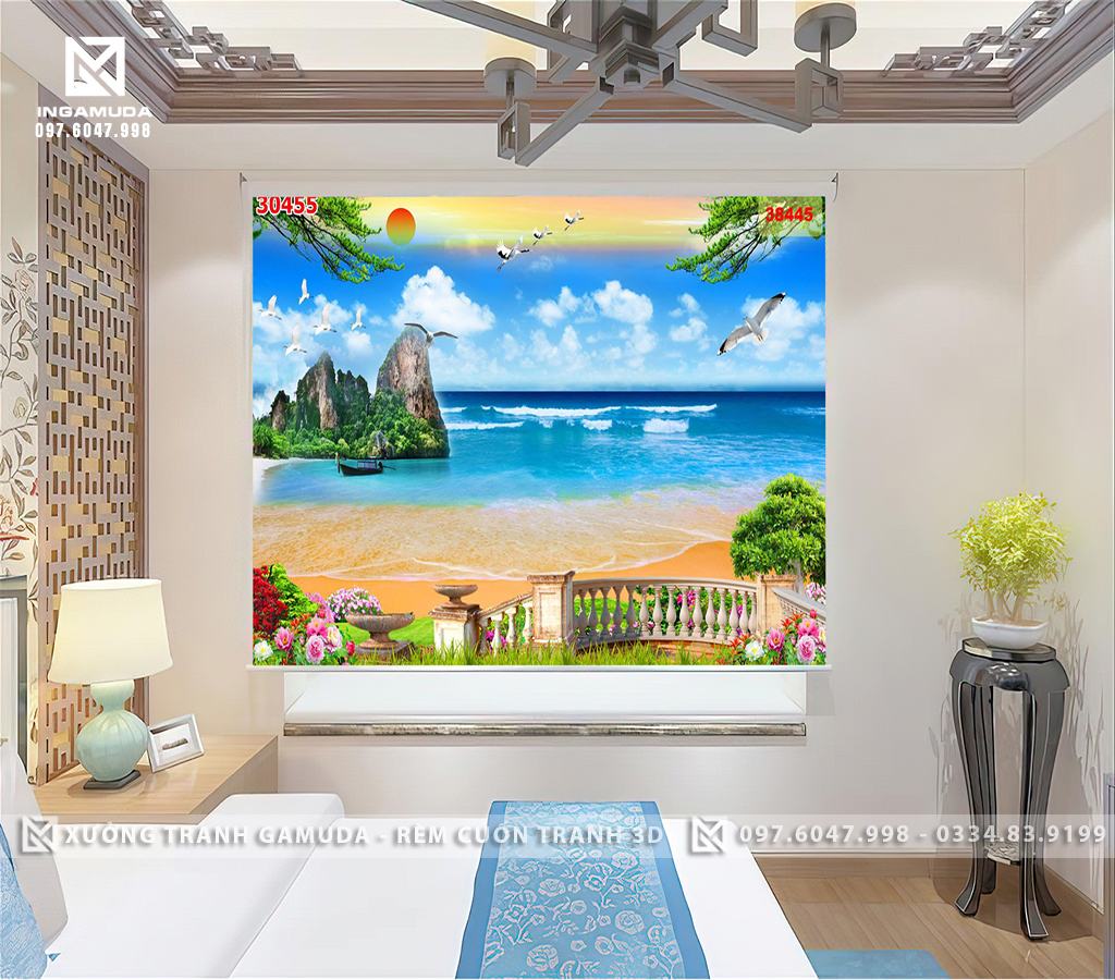 Rèm Cuốn Tranh 3D In Hình Đảo Xanh Hải Âu Và Biển