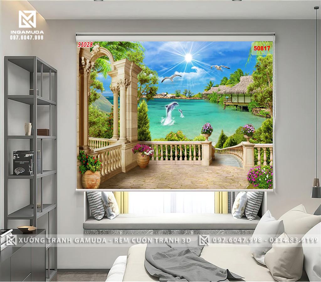Rèm Cuốn Tranh In Hình Cá Voi Và Hải Âu Nhìn Từ Ban Công