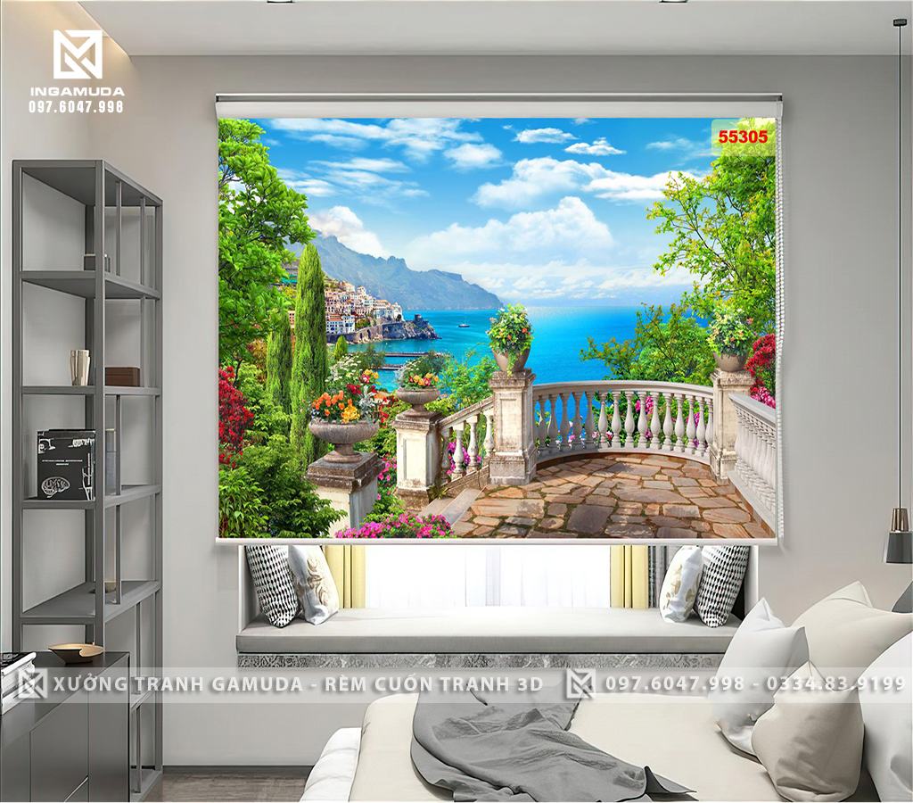 Rèm Cuốn Tranh In Hình Núi Và Biển Trên Nền Trời Xanh