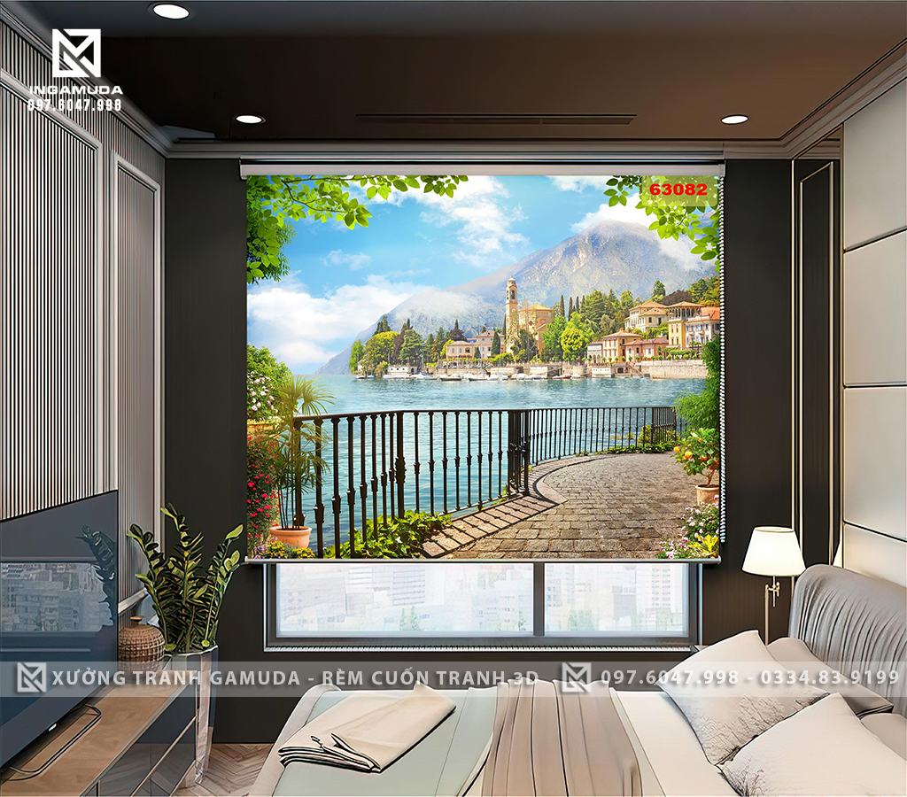 Rèm Cuốn Tranh 3D In Hình Thiên Nhiên Tuyệt Đẹp Với Biển Và Những Ngôi Nhà Hiện Đại