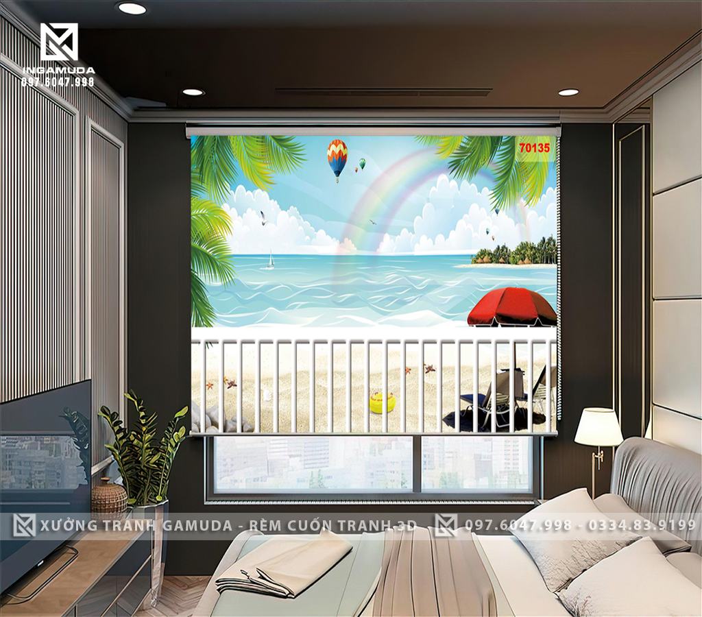 Rèm Cuốn Tranh In Hình Cầu Vồng Và Khinh Khí Cầu Với Bãi Biển Cát Trắng