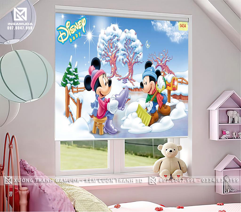 Rèm Cuốn In Tranh Dành Cho Phòng Ngủ Đôi Chuột Mickey Trên Nền Sáng Tạo Sự Vui Nhộn - Xưởng Rèm Gamuda