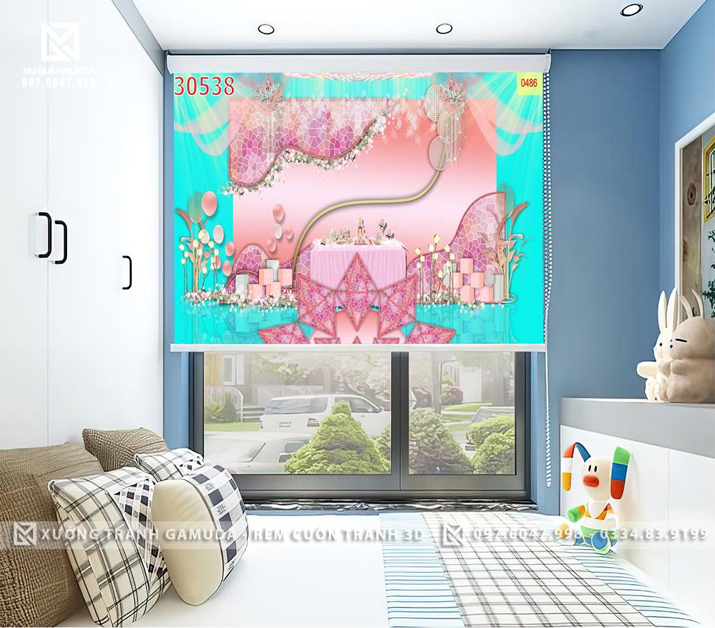 Rèm Cuốn Tranh In 3D Gam Màu Hồng Của Bánh Sinh Nhật Tạo Sự Ấm Cúng Dành Cho Phòng Ngủ Bé Gái- Xưởng Rèm Gamuda