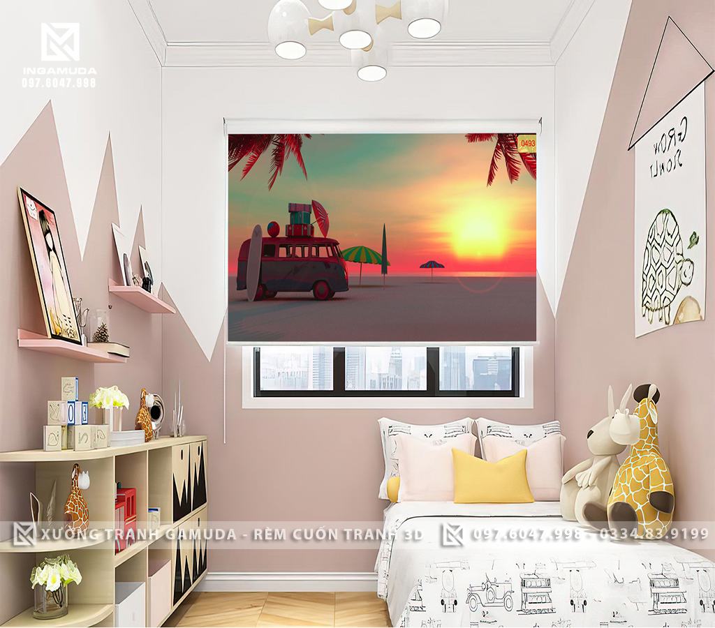 Rèm Cuốn Tranh 3D Phòng Ngủ Cho Bé In Chiếc Ô Tô Cùng Ánh Nắng Mặt Trời- Rèm Cản Sáng Cản Nhiệt Xưởng Rèm Gamuda