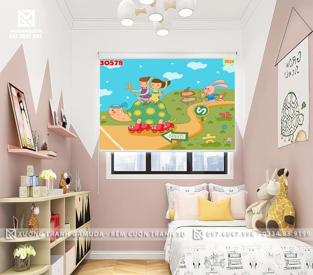 Rèm Cuốn Tranh 3D In Thỏ Và Rùa Đang Chạy Thi Xem Ai Về Đích Trước Tạo Sự Vui Nhộn Cho Bức Tranh