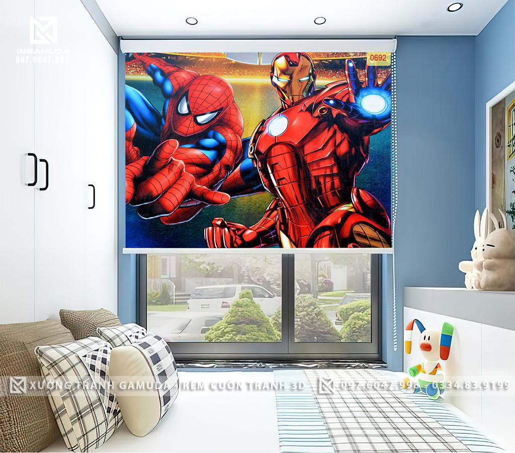 Rèm Cuốn Tranh 3D In Người Nhện Cùng Siêu Nhân Đang Chiến Đấu - Xưởng Rèm Gamuda