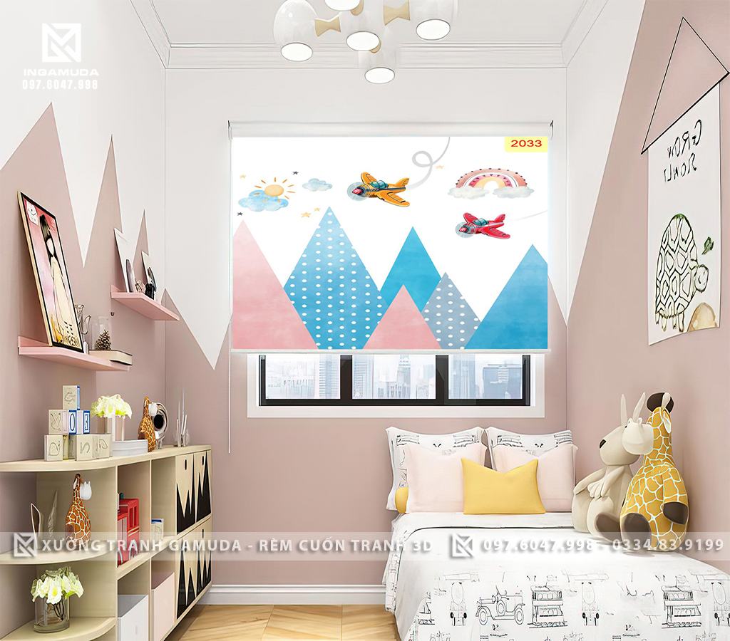 Rèm Cuốn Tranh 3D Cho Phòng Ngủ Thiếu Nhi In Hình Những Chiếc Máy Bay Đang Băng Qua Những Ngọn Núi Cao - Xưởng Rèm Cuốn Tranh 3D Gamuda 