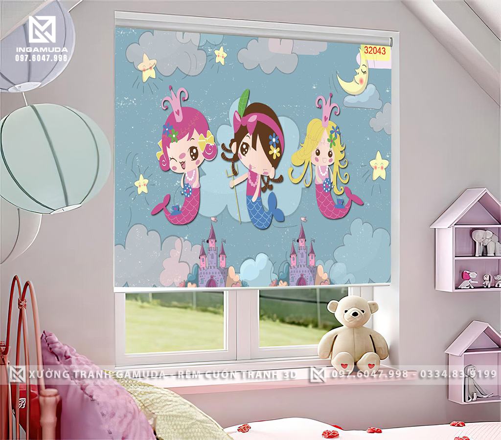 Rèm Cuốn Tranh 3D Cho Phòng Ngủ Thiếu Nhi In Hình 3 Cô Tiên Cá Trong Bầu Trơi Đêm Có Trăng Và Sao - Xưởng Rèm Cuốn Tranh 3D Gamuda 