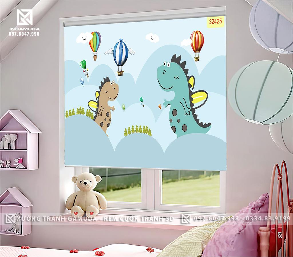 Rèm Cuốn Tranh 3D Cho Phòng Ngủ Thiếu Nhi In Hình Chú Khủng Long Và Trên Bầu Trời Có Những Khinh Khí Cầu Đang Lơ Lửng - Xưởng Rèm Cuốn Tranh 3D Gamuda 