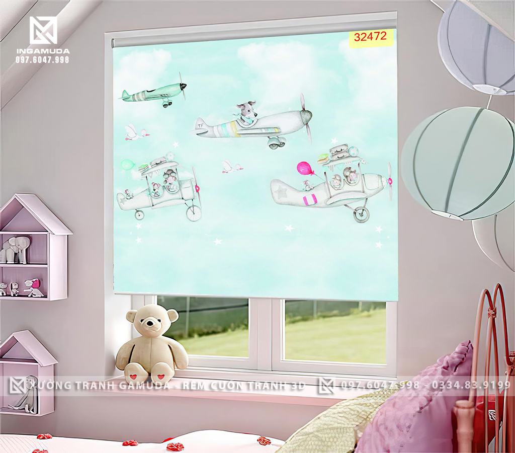 Rèm Cuốn Tranh 3D Cho Phòng Ngủ Thiếu Nhi In Hình Những Chiếc Máy Bay Đang Được Những Con Vật Lái Trên Bầu Trời - Rèm Cản Nắng Cản Nhiệt Tốt
