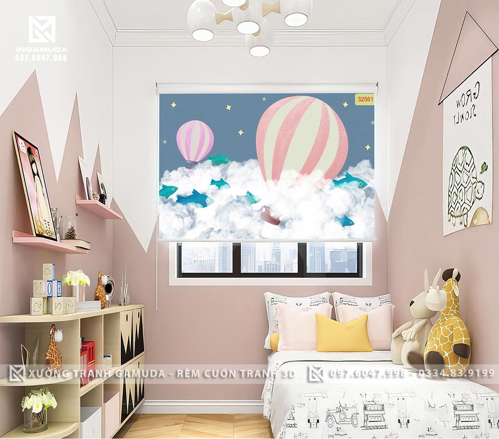 Rèm Cuốn Tranh 3D Cho Phòng Ngủ Thiếu Nhi In Hình Những Chiếc Khí Cầu Đang Cô Vươn Lên Trên Những Đám Mây Và Có Đàn Cá Đang Bơi Trong Những Đám Mây