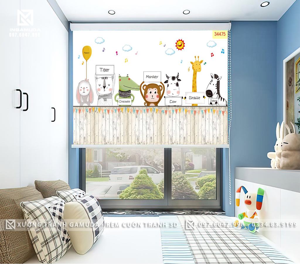 Rèm Cuốn Tranh 3D Cho Phòng Ngủ Thiếu Nhi In Hình Các Loại Thú Đang Giơ Bảng Tên Tiếng Anh Của Mình - Xưởng Rèm Cuốn Tranh 3D Gamuda