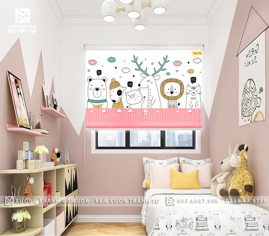Rèm Cuốn Tranh 3D Cho Phòng Ngủ Thiếu Nhi In Hình Các Loại Thú - Rèm Cản Nhiệt Tốt 