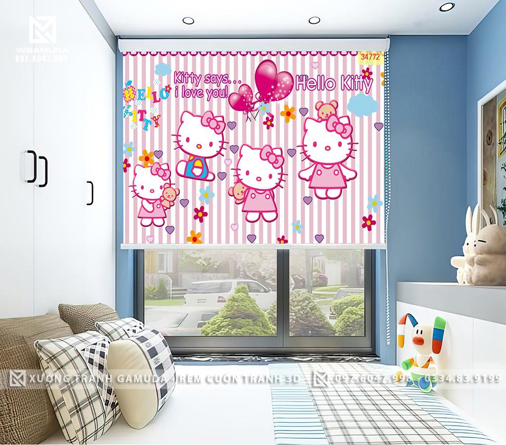 Rèm Cuốn In Tranh Cho Phòng Ngủ Bé Gái Hello Kitty Với Những Hình Dáng Khác Nhau