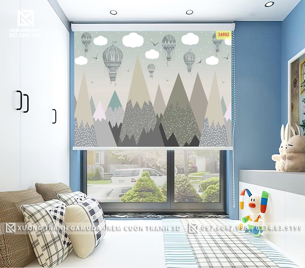 Rèm Cuốn Tranh 3D Cho Phòng Ngủ Thiếu Nhi In Hình Những Chiếc Khinh Khí Cầu Bay Qua Những Ngọn Núi Cao - Xưởng Rèm Cuốn Tranh 3D Gamuda