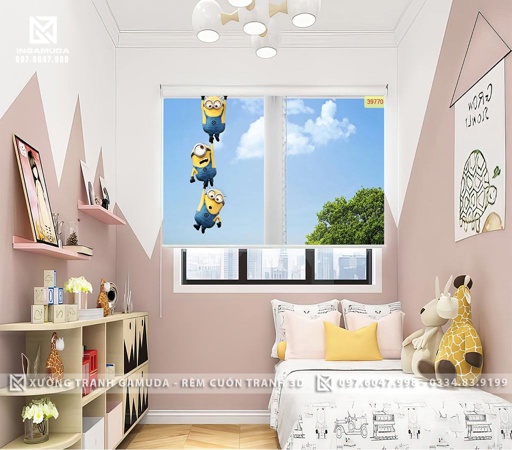 Rèm Cuốn Tranh 3D Cho Phòng Ngủ Với Những Chú Minions Nắm Tay Nhau- Xưởng Rèm Gamuda