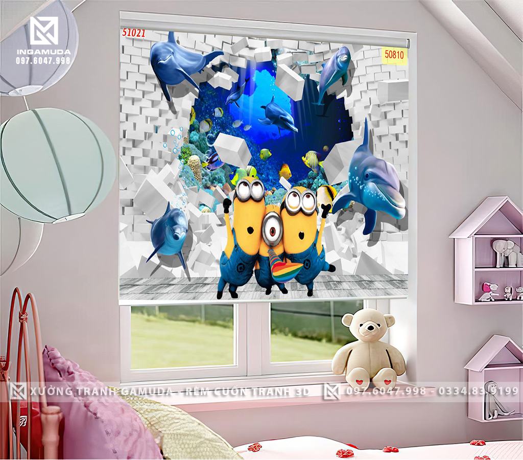 Rèm Cuốn In Tranh Cho Phòng Ngủ Bé Minions Và Đàn Cá Mập Tạo Nên Sự Vui Nhộn Cho Bức Tranh