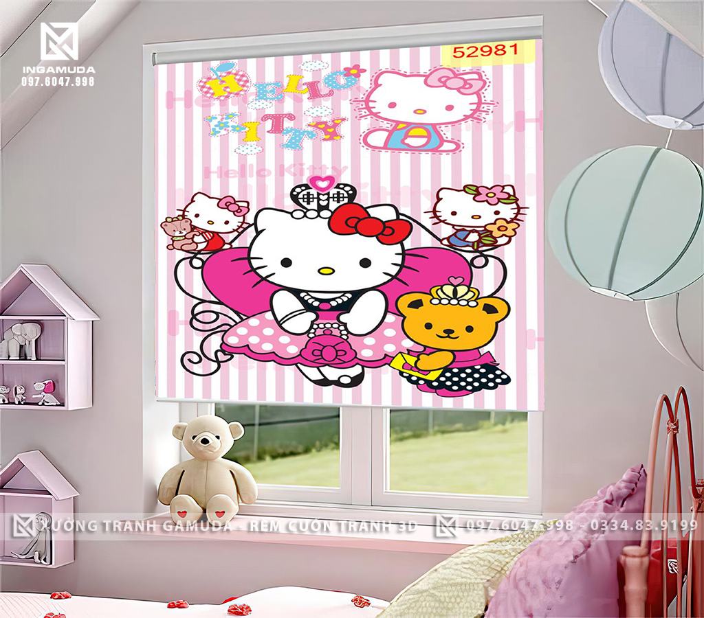Rèm Cuốn In Tranh 3D Hello Kitty Dành Cho Phòng Ngủ Bé Gái - Rèm Cản Sáng Cản Nhiệt Xưởng Rèm Gamuda
