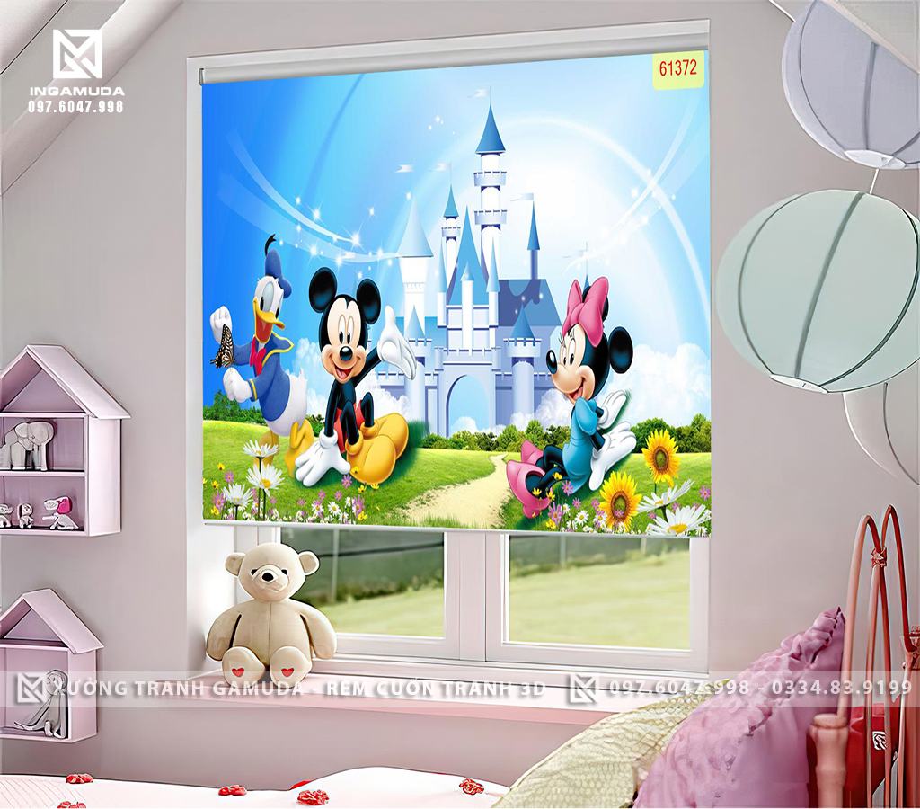 Rèm Cuốn In Tranh Cho Phòng Ngủ Bé Gái Chuột Mickey Cùng Tòa Lâu Đài Với Gam Màu Sáng Tạo Sự Bình Yên Cho Căn Phòng