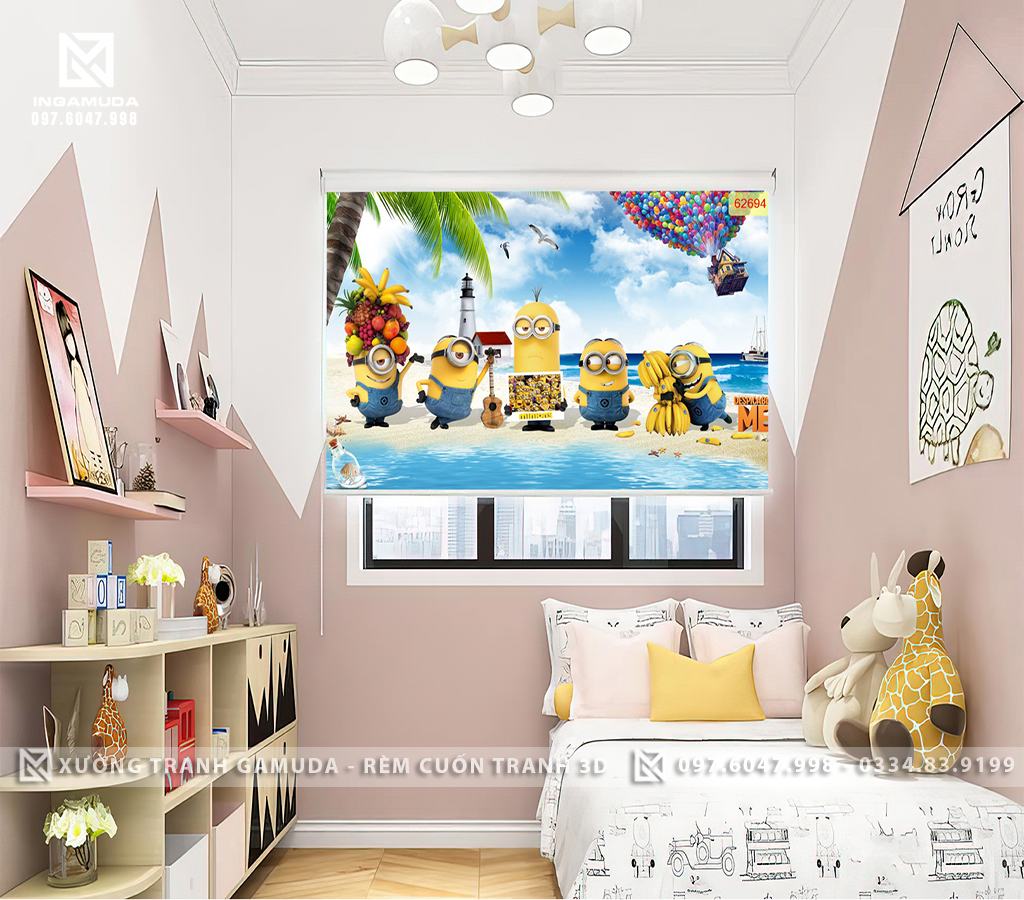Rèm Cuốn In Tranh Phòng Ngủ Bé Cùng Minions Và Khinh Khí Cầu Trên Nền Xanh Của Bầu Trời - Xưởng Rèm Gamuda