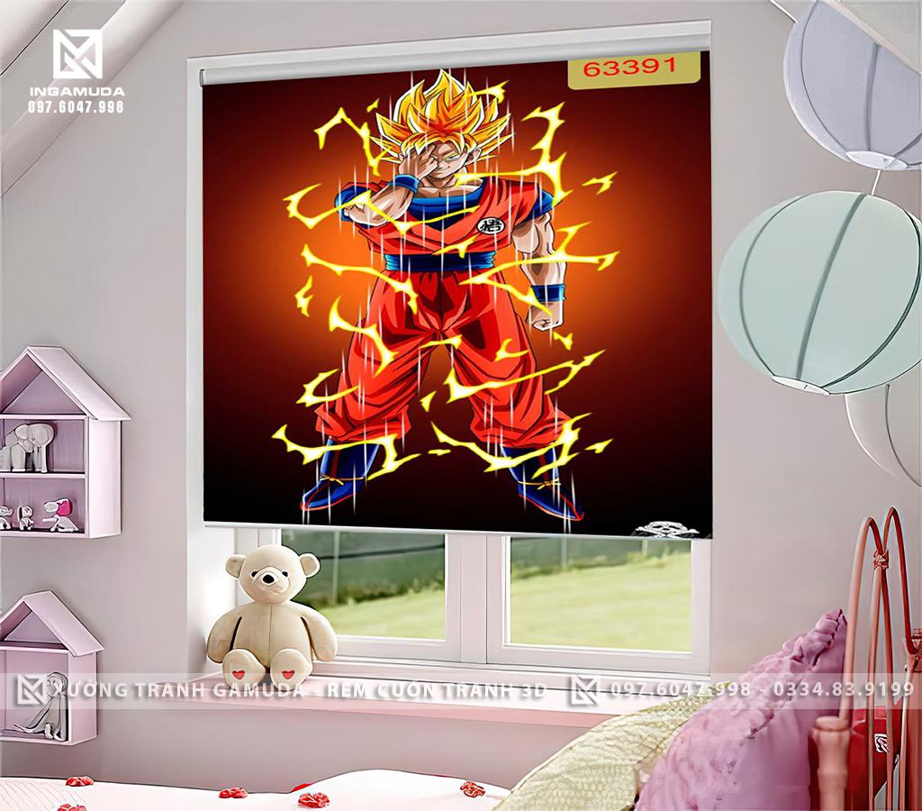 Rèm In Tranh 3D In Hình Songoku Hoa Siêu Sayda Dành Cho Phòng Ngủ Các Bé Nam - Xưởng Rèm Cuốn Tranh 3D Gamuda 