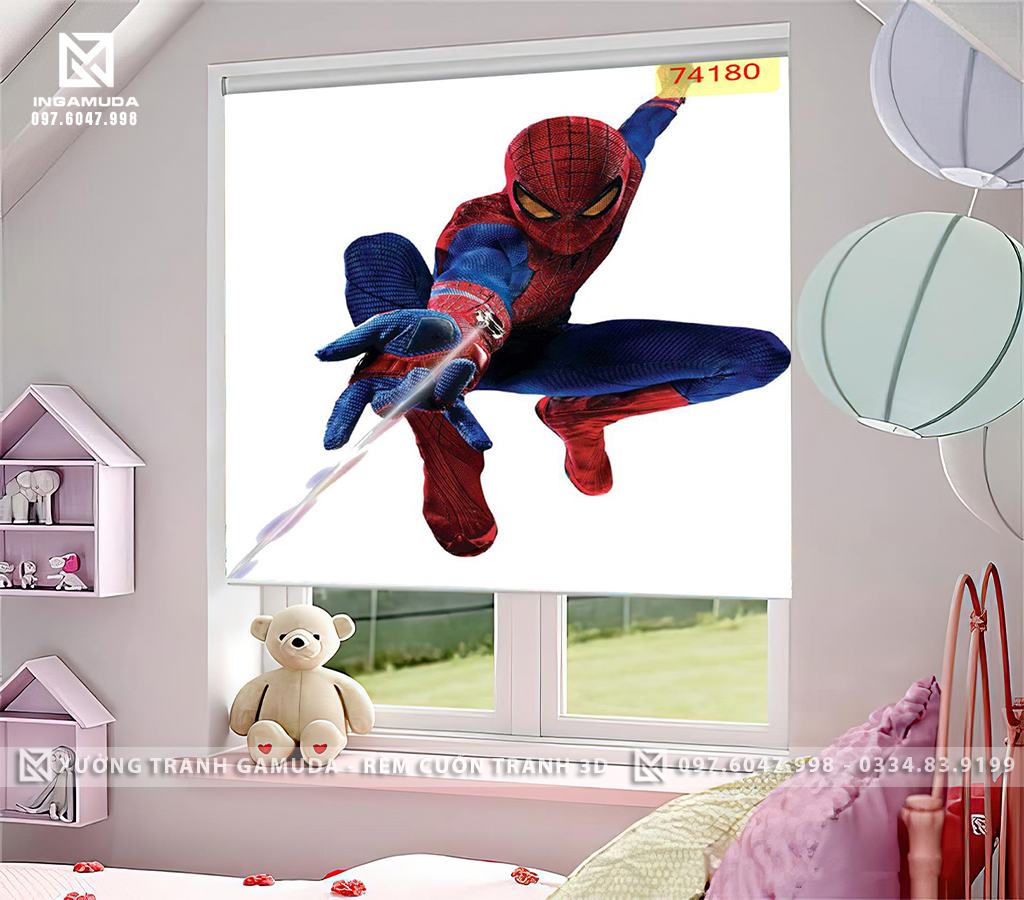 Rèm Cuốn Tranh 3D In Hình Người Nhện Đang Nhở Tơ - Rèm Cản Nhiệt Tốt 