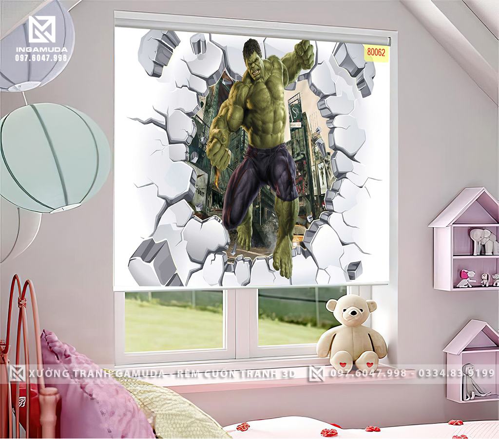 Rèm Cuốn Tranh 3D In Hình Người Khổng Lồ Xanh Vừa Bay Qua Bức Tường - Rèm Cản Nhiệt Tốt 