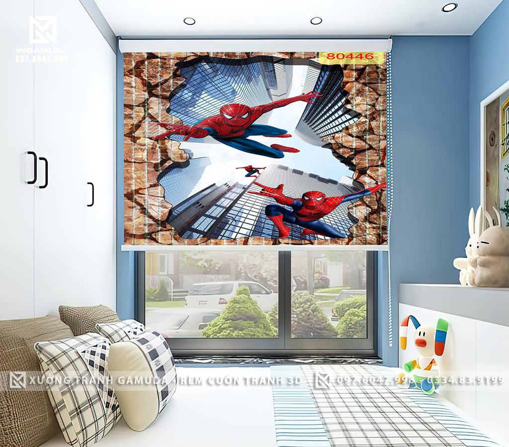 Rèm Cuốn Tranh 3D Dành Cho Phòng Ngủ Cho Bé Nam In Hình Người Nhện Đang Đu Tơ - Xưởng Rèm Cuốn Tranh 3D Gamuda