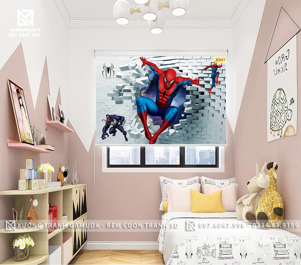 Rèm Cuốn Tranh 3D In Hình Người Nhện Vừa Bay Qua Bức Tường - Rèm Cản Nắng Cản Nhiệt Tốt  