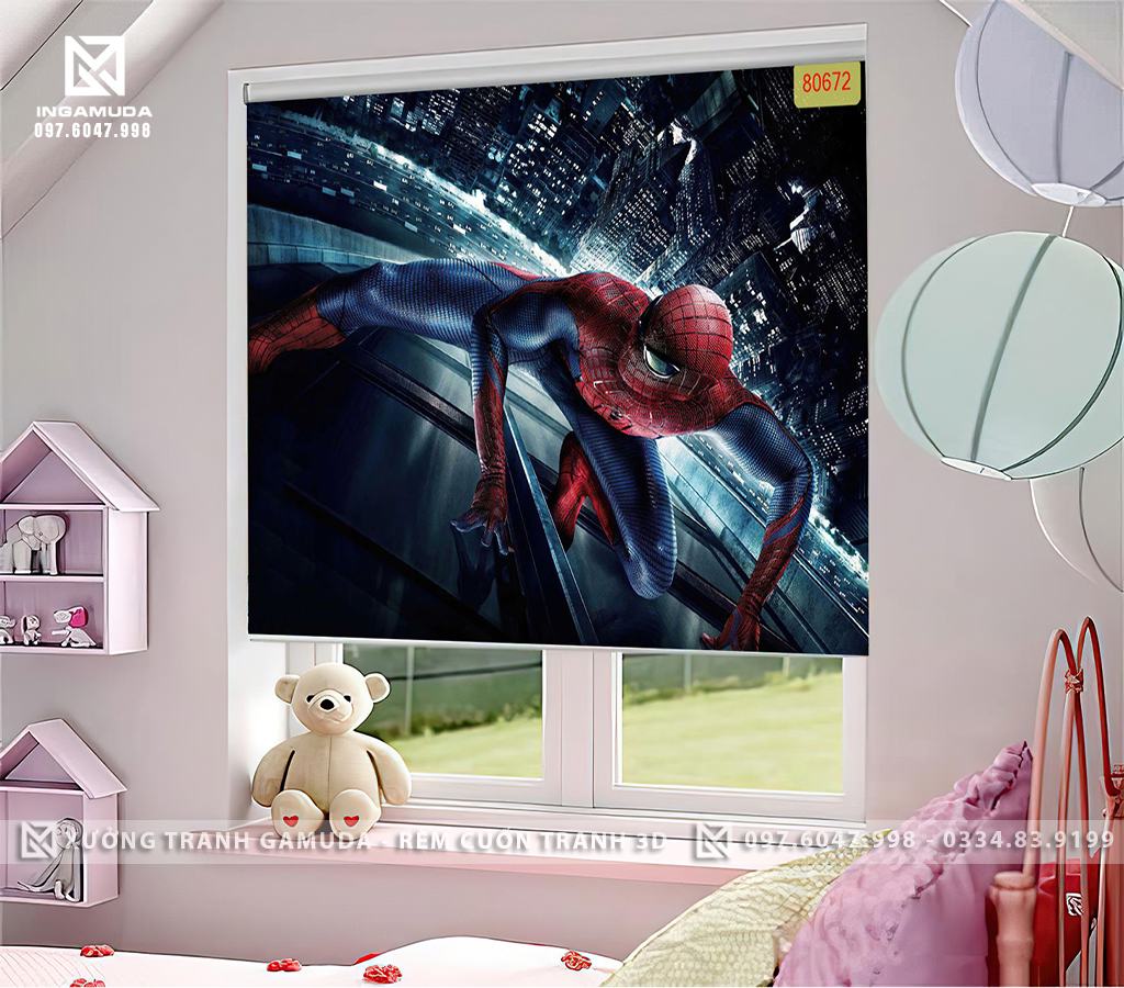Rèm Cuốn Tranh 3D In Hình Người Nhện Đang Đứng Trên Tòa Nhà Cao Từng - Rèm Cản Nhiệt Tốt