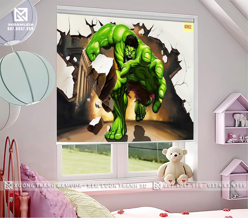 Rèm Cuốn Tranh 3D Phòng Ngủ Dành Cho Bé Nam In Người Khổng Lồ Xanh - Rèm Cản Sáng Cản Nhiệt Xưởng Rèm Gamuda