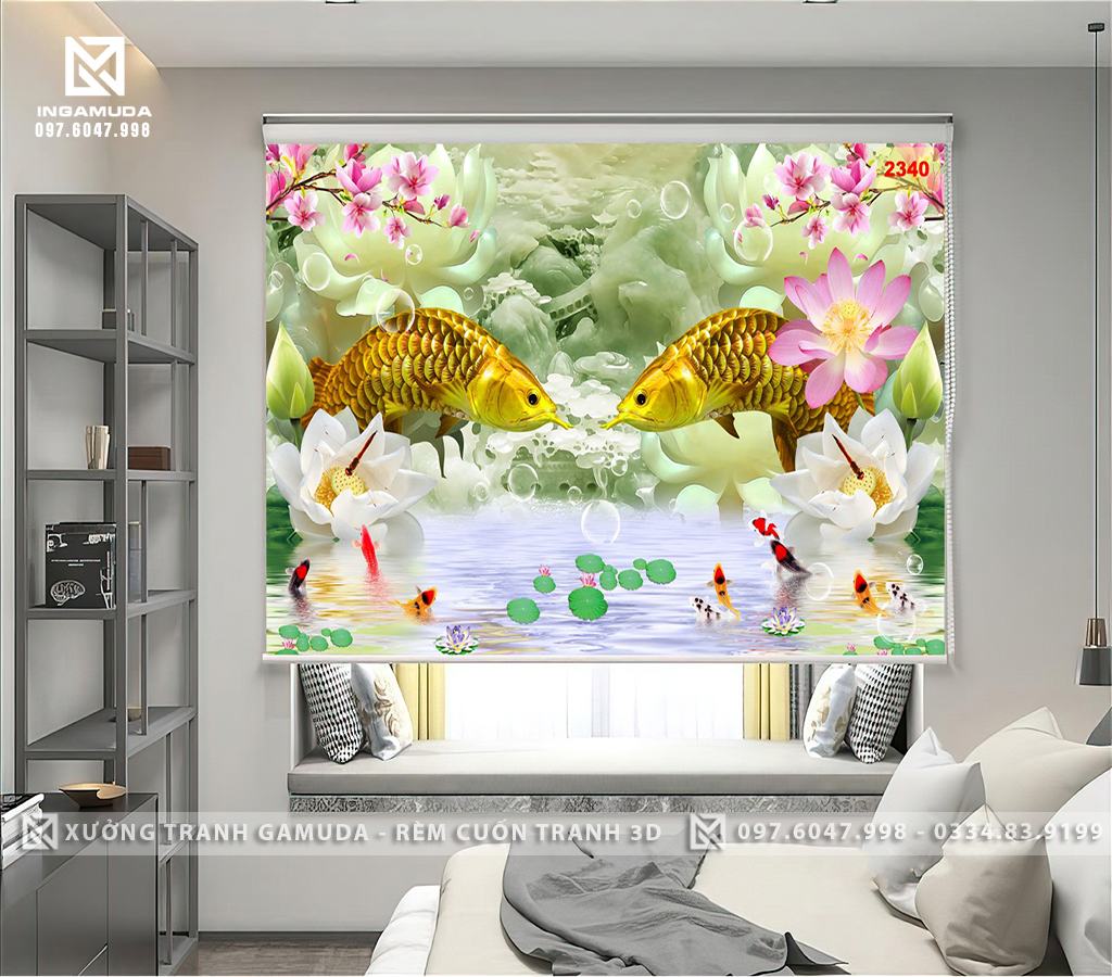 Rèm Cuốn Tranh In Hình 3D Đôi Cá Rồng Nền Ngọc Hoa Sen