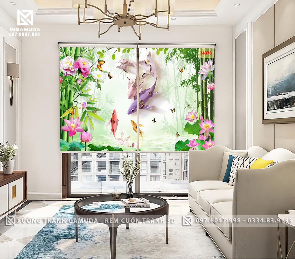 Rèm Cuốn Tranh Hoa Mẫu Đơn Đôi Cá Hoa Sen