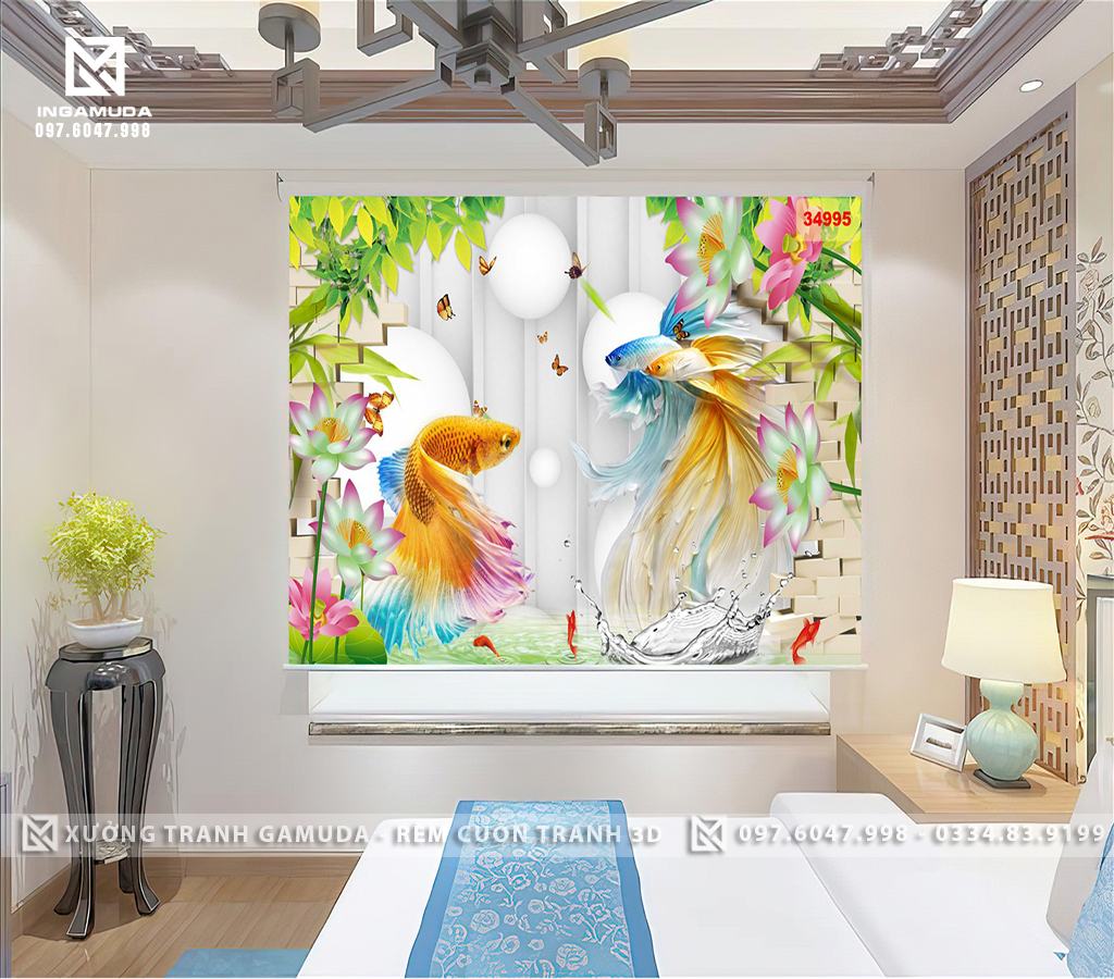Rèm Cuốn Tranh 3D Đôi Cá Nền Sáng Mầu
