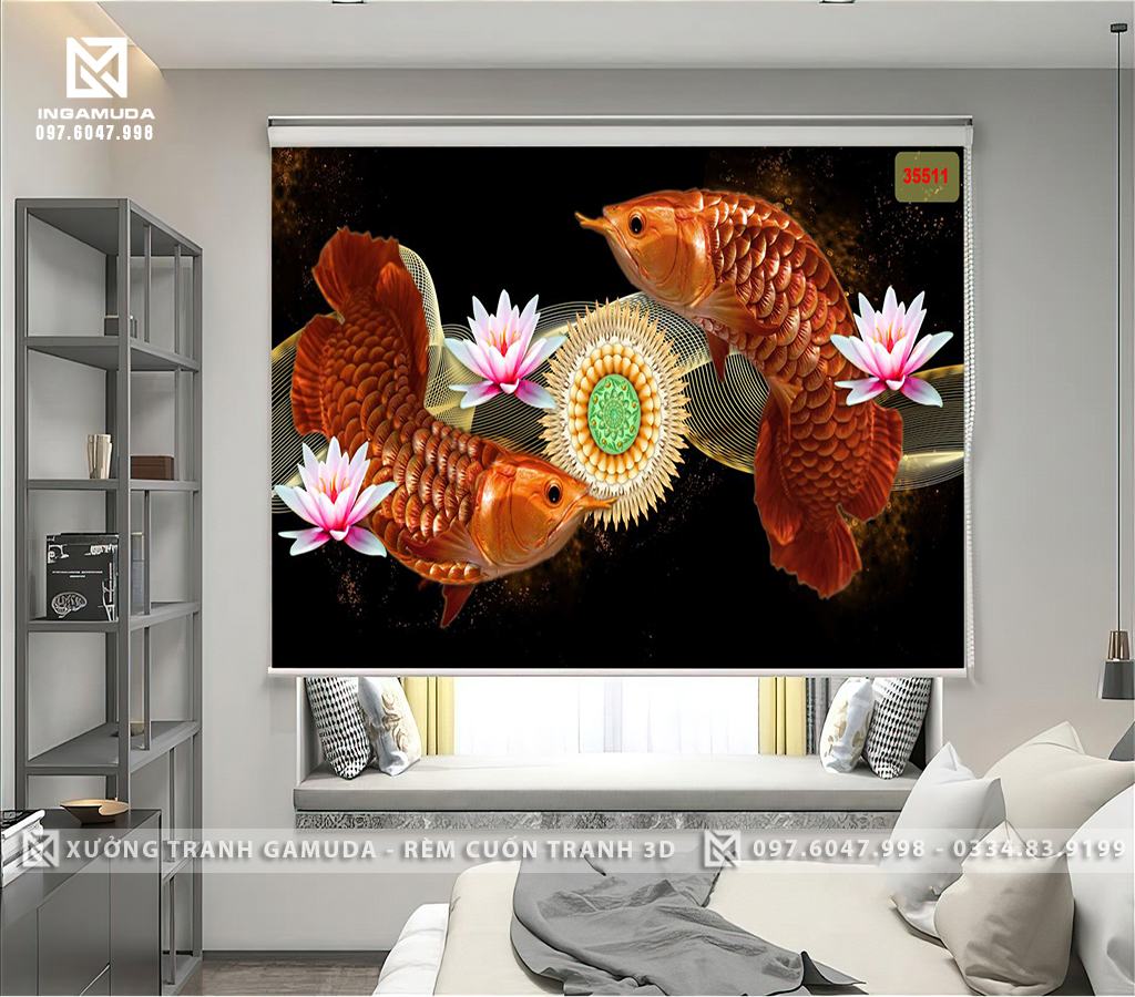 Rèm Cuốn Tranh Đôi Cá Hoa Sen Nền Tối Mầu Sang Trọng