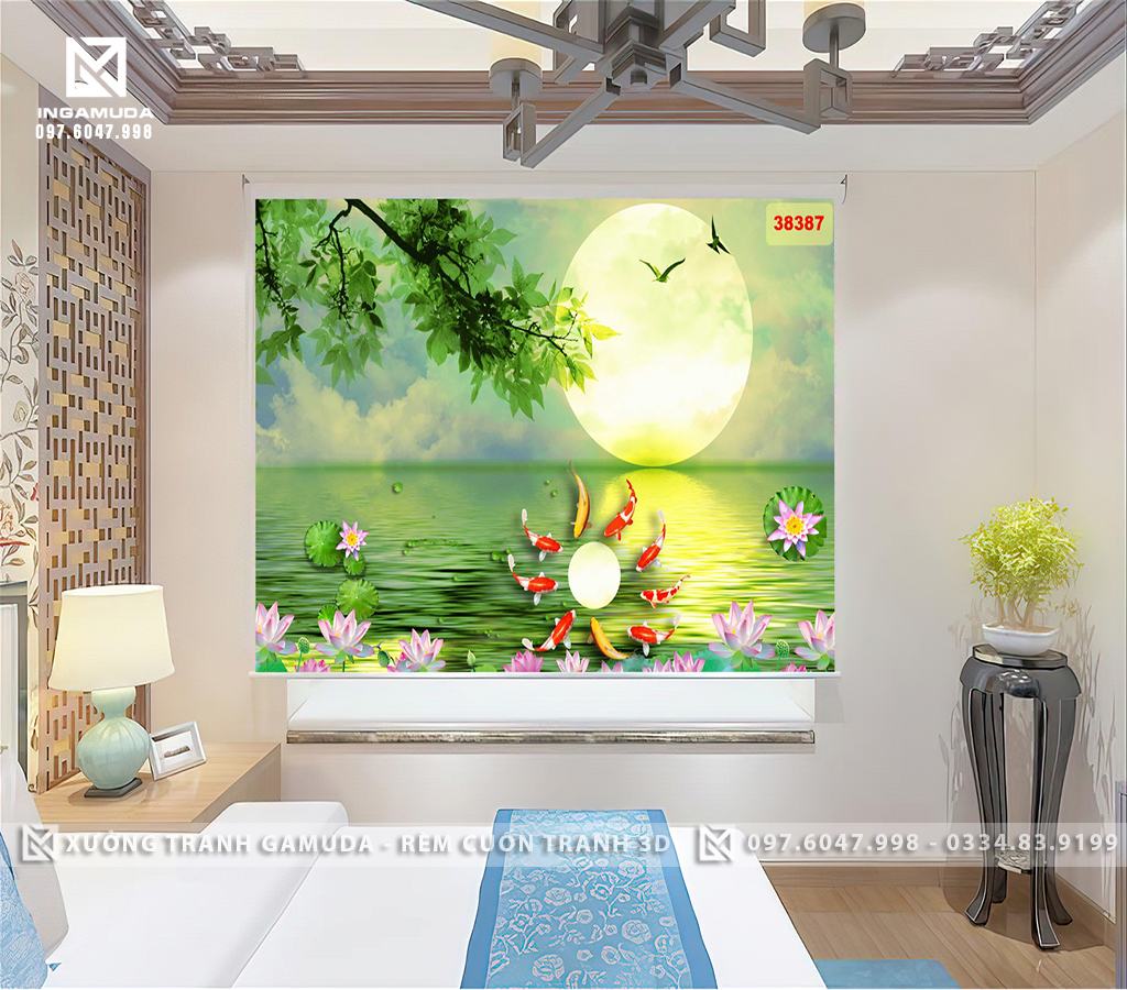 Rèm Cuốn Tranh Cá Chép Chầu Mặt Nguyệt Ánh Trăng Bên Bờ Hồ Xanh Mát