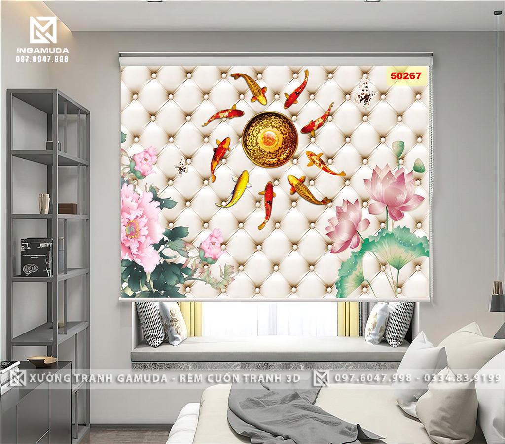 Rèm Cuốn Tranh Cá Chép Nền Giả Da Sang Trọng Cho Không Gian Hiện Đại